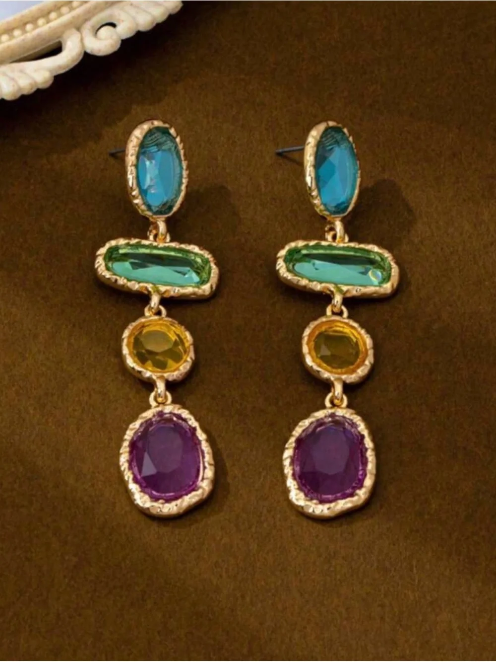 Gold Drop Earrings with Green, Yellow and Purple Stones